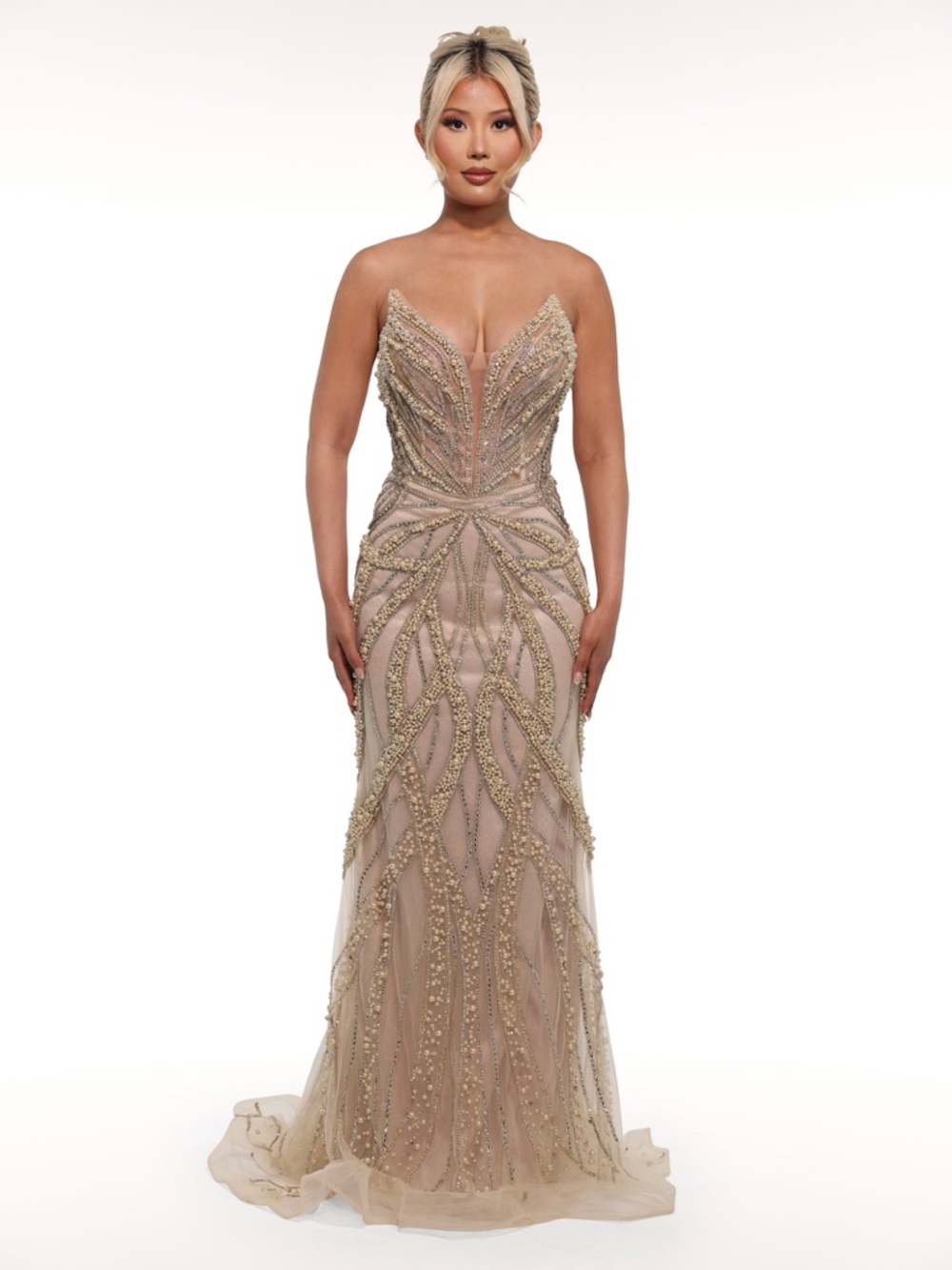 Beaded Nude Evening Gown with Plunging Neckline